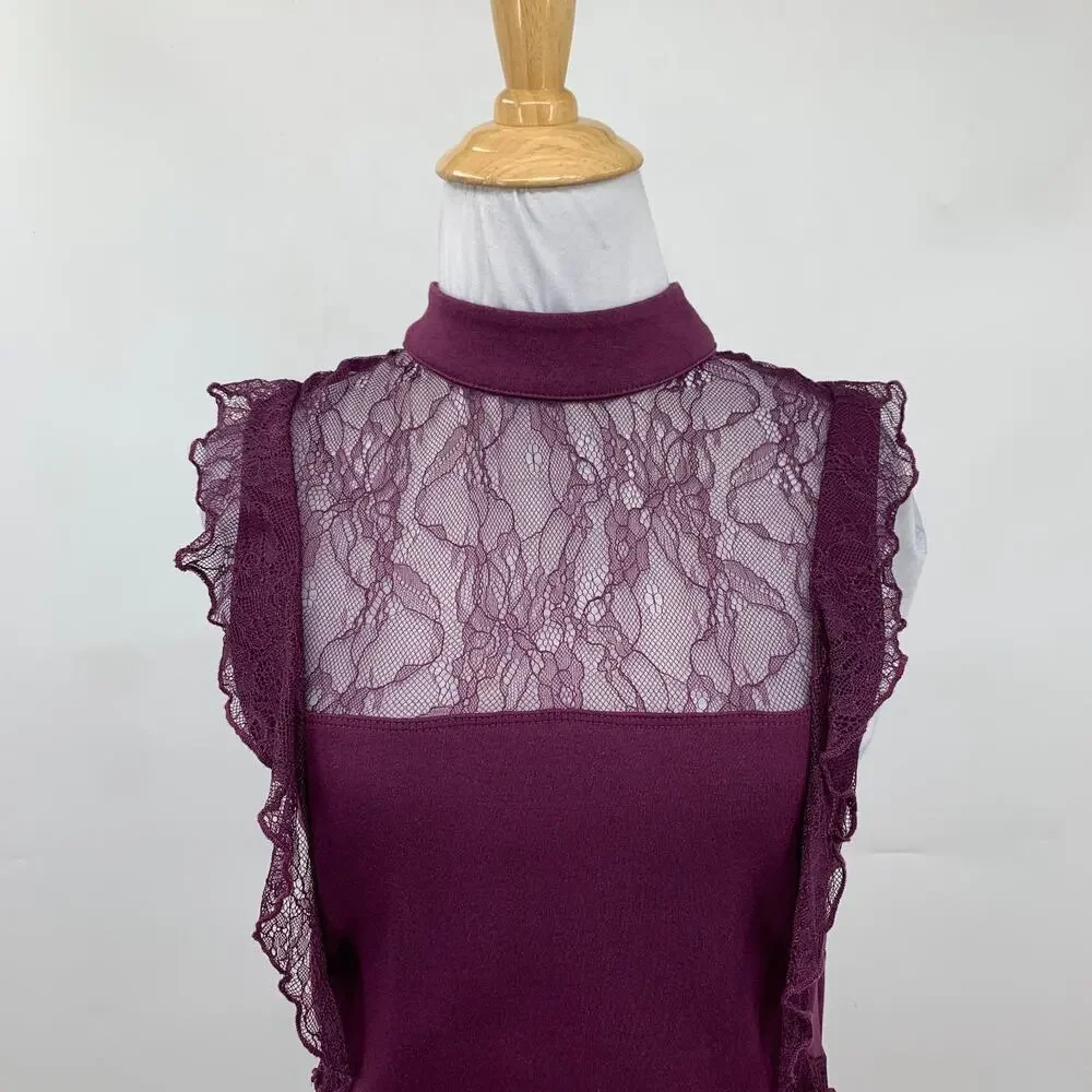 Free People Dress Women M Medium Eggplant Beaumont Muse Ruffled Lace Trim Sheath